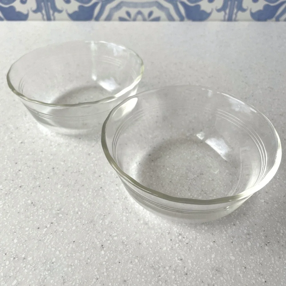 Vintage PYREX Clear Glass Custard Cups Set of 2 10oz Triple Ring Made in USA